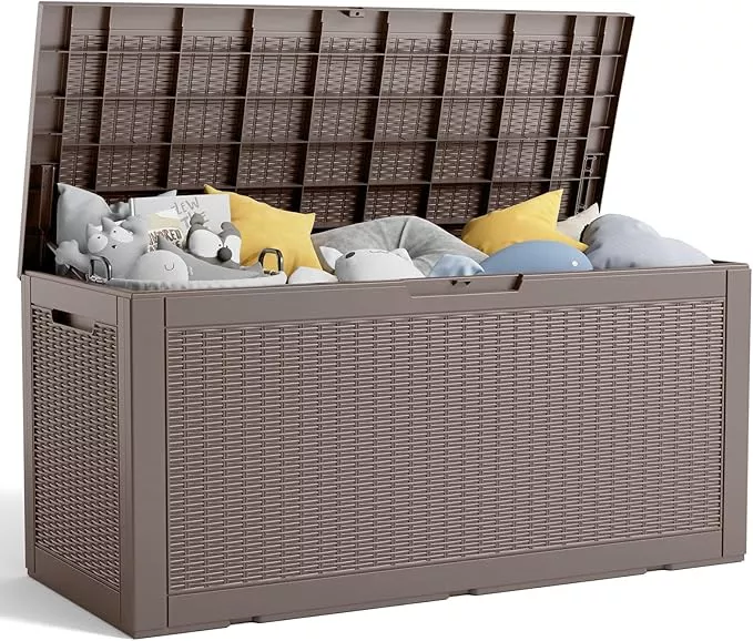 100 Gallon Resin Deck Box, Lockable Patio Outdoor Storage Box for Furniture, Garden Tools and Tools Storage, Waterproof Outside Storage Boxes - Grey