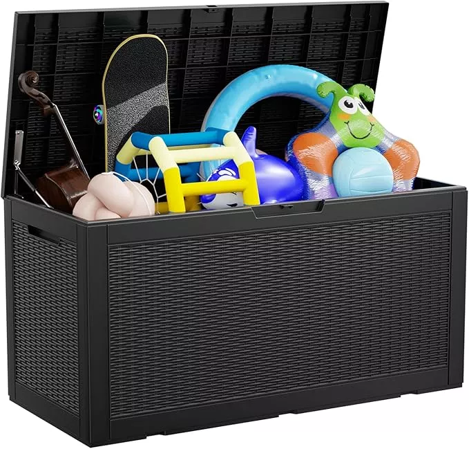 100 Gallon Waterproof Outdoor Storage Box,Resin Deck Box,Lockable Outside Storage Box Container for Patio Furniure,Garden,Pool Tools (100 Gallon,Black pattern)