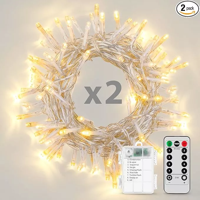 2 Pack 36ft 100 LED Battery Operated String Lights with Remote Timer Waterproof 8 Modes String Lights for Bedroom, Garden, Easter, Party, Christmas Indoor and Outdoor Decorations -Warm White