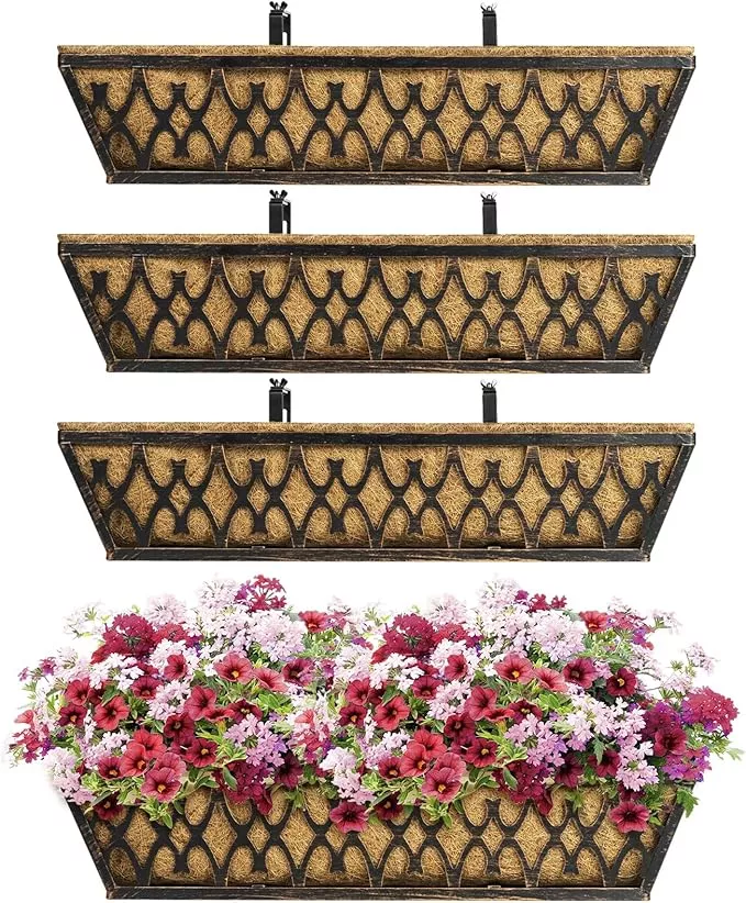4 Pack 24 Inch Window Boxes Planters Railing Planter Box with Adjustable Brackets for Porch Fence Patio Balcony Hanging Flower Baskets with Coco Liners for Outdoor Garden Decor - Grey
