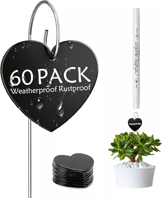 60-Pack Iron Metal Heart Shaped Garden Markers Weatherproof Metal Plant Labels Large Planting Seedling Stake Signs, for Seedlings Herbs Vegetable Greenhouse Gifts with White Marker Pen Labels