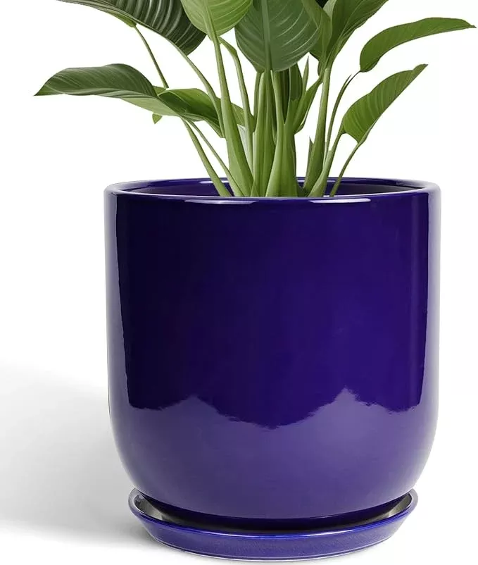 Ceramic Planter - 12 Inch Pots for Plants Ceramic Plant Pot Indoor with Drainage Hole and Saucer Large Planter Flower Pot Outdoor for Home Garden Decor Blue