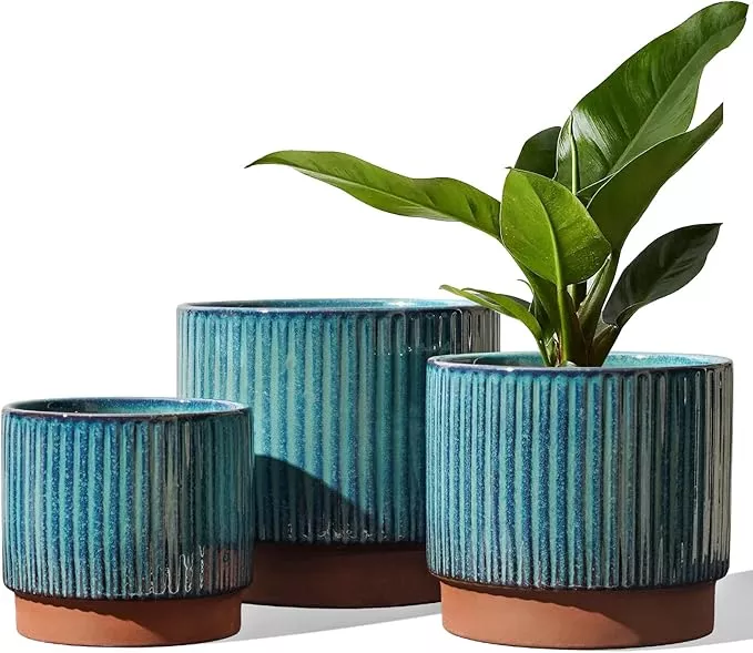LE TAUCI Ceramic Plant Pots with Drainage Holes, Set of 3, 8+6.7+5.5 Inch Stripe Garden Planter Pots for Outdoor Indoor Plants Flower, Round Succulent Orchid Flower Pot, Small to Large Size, White