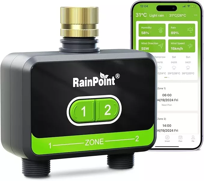 RAINPOINT Bluetooth Water Timer for Garden Hose, Smart Hose Timer 2 Outlet(Not Hub), Wireless Sprinkler Watering Timer with Rain Delay, Automatic Irrigation System for Lawns and Yard