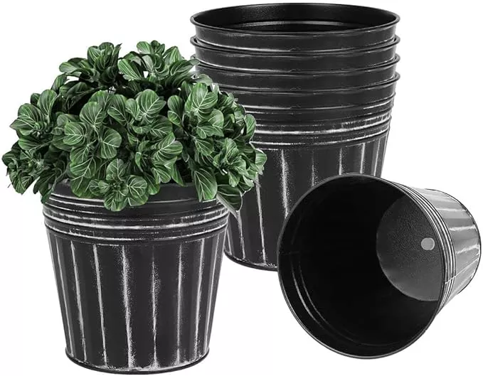 vensovo 5 Inches Black Metal Rustic Flower Pots - 6 Pcs Small Galvanized Planters with Drainage Hole and Rubber Plug, Rustproof Tin Bucket Plant Pot Farmhouse Vintage Style for Decor